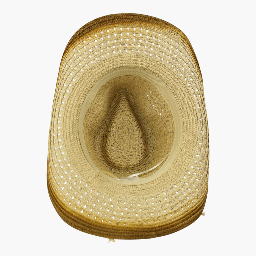 Tonal-Cord Straw Western hat, underside of the Ombre Tan colorway showing the sweatband ring and the teardrop crown interior