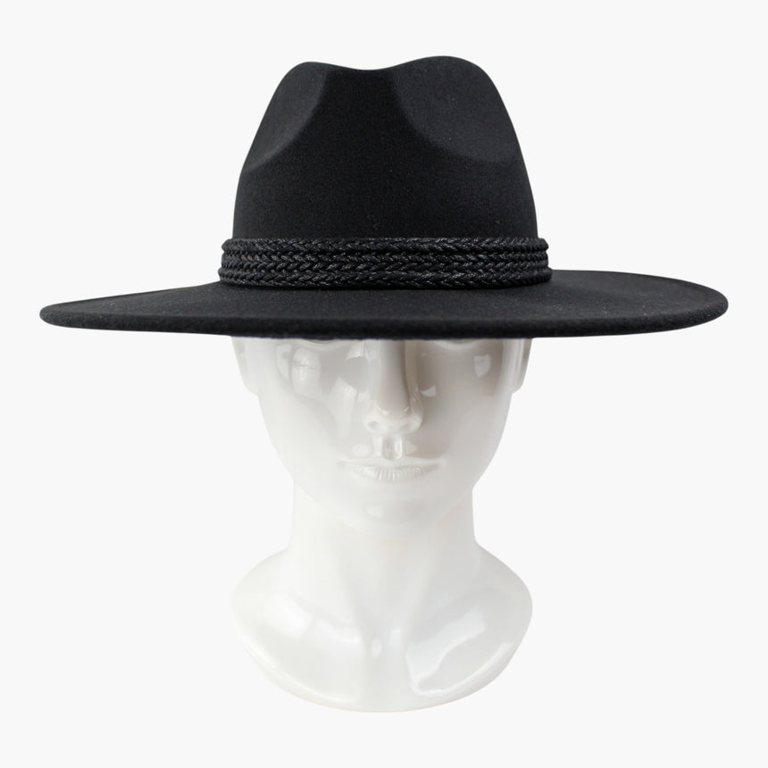 Triple-Cord Felt Fedora hat, front view showing the three braided cord strands stacked evenly at the crown base