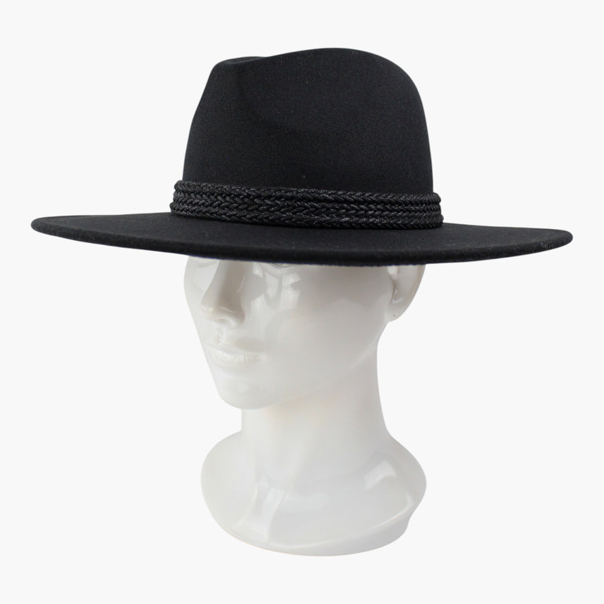 Triple-Cord Felt Fedora hat, at a three-quarter angle showing the three strands holding their stacked order