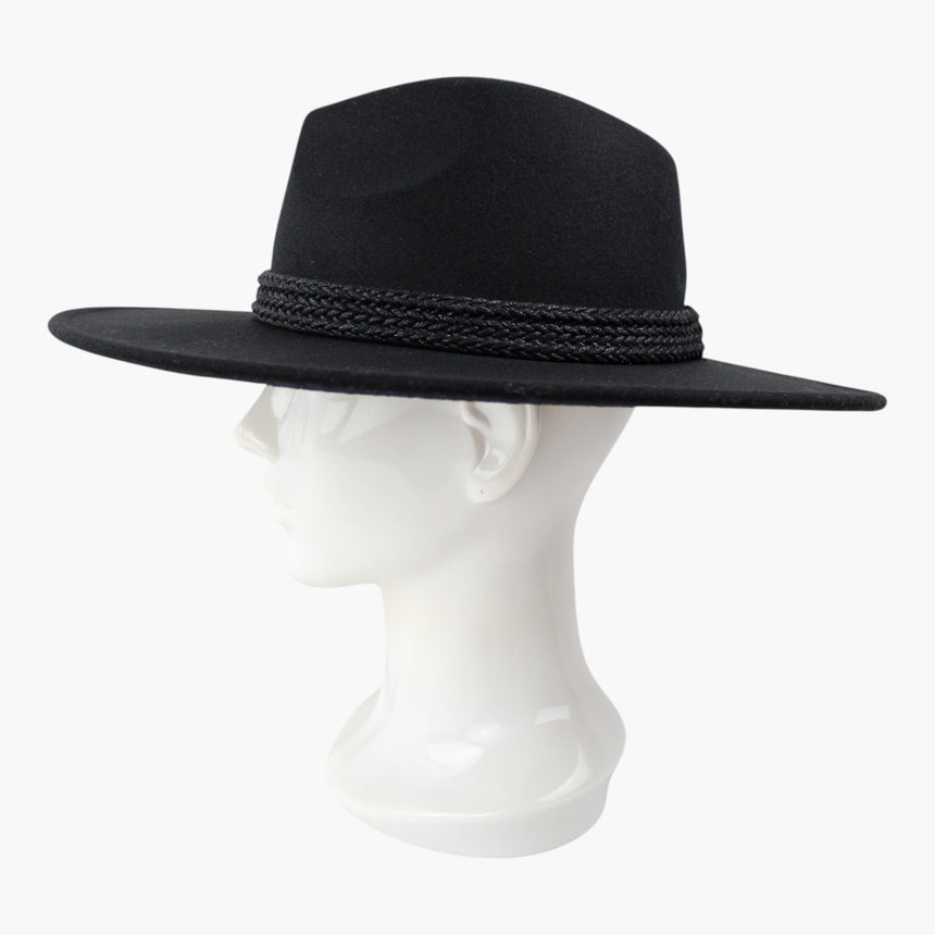 Triple-Cord Felt Fedora hat, in profile showing the wide flat brim edge with the cords aligned along the side