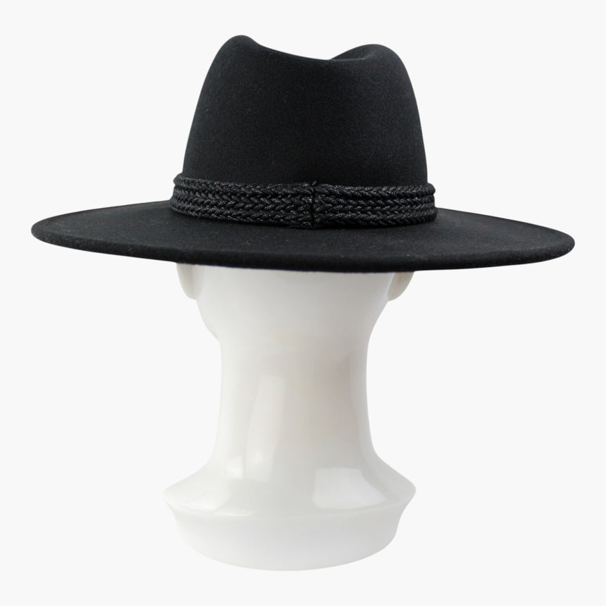 Triple-Cord Felt Fedora hat, back view showing the wrapped join where the three strands are knotted