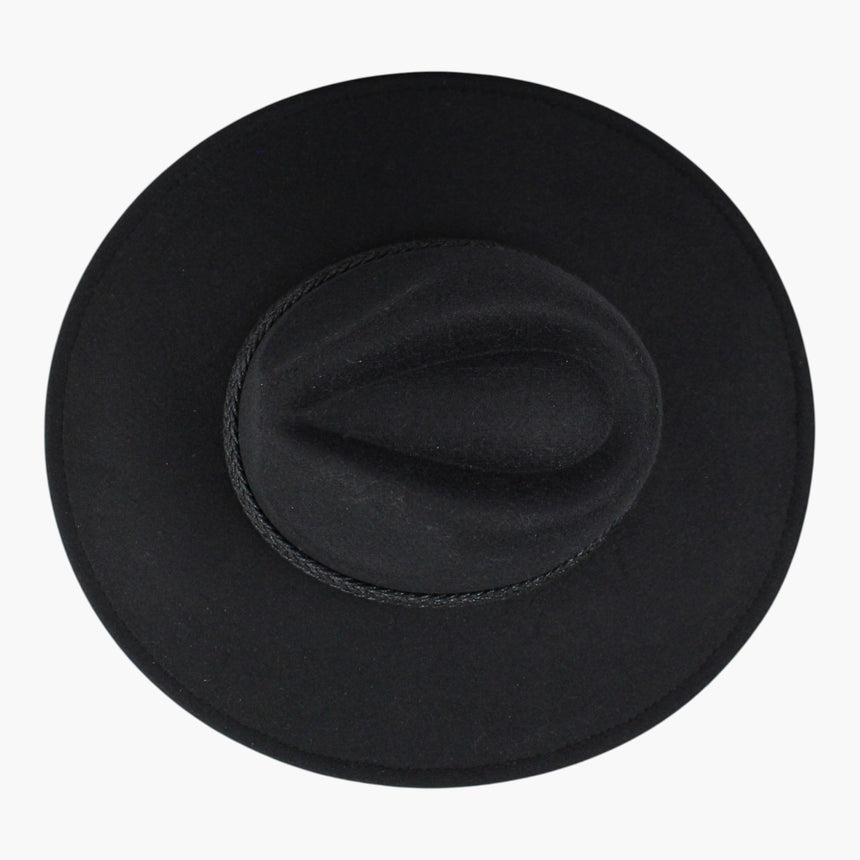 Triple-Cord Felt Fedora hat, seen from above showing the pinch-front crease with the braided band circling the base