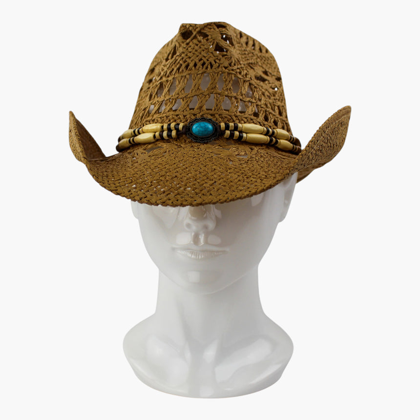 Tube-Bead Crochet Straw Western hat, front view of the Camel colorway showing the oval concho at the band front