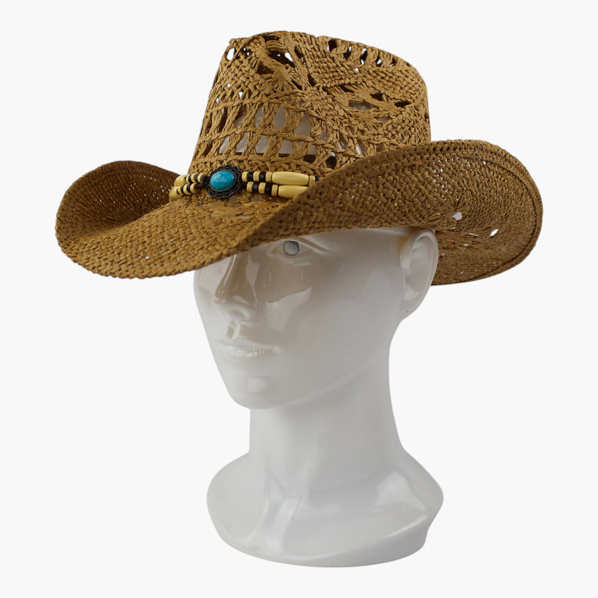 Tube-Bead Crochet Straw Western hat, Camel colorway at a three-quarter angle showing the three bead strands around the crown