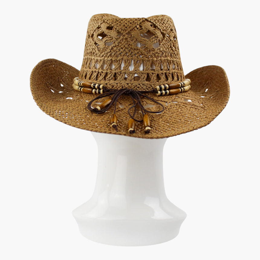 Tube-Bead Crochet Straw Western hat, back view of the Camel colorway showing the cord ties and their wood-tone bead tassels