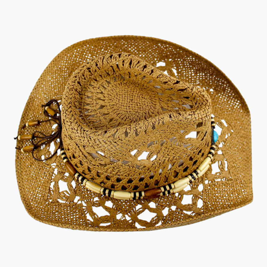 Tube-Bead Crochet Straw Western hat, Camel colorway seen from above showing the tassel ties splayed across the brim