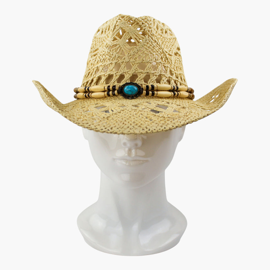 Tube-Bead Crochet Straw Western hat, front view of the Ivory colorway showing the tube-bead strands against the pale weave