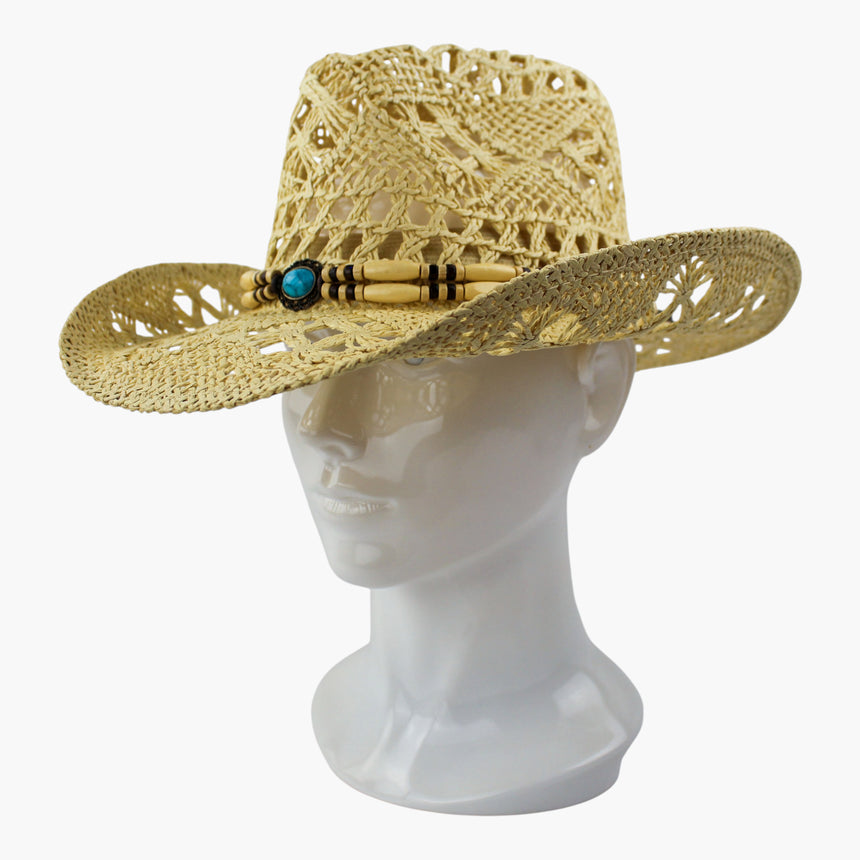 Tube-Bead Crochet Straw Western hat, Ivory colorway at a three-quarter angle showing the upswept curl of the brim edge