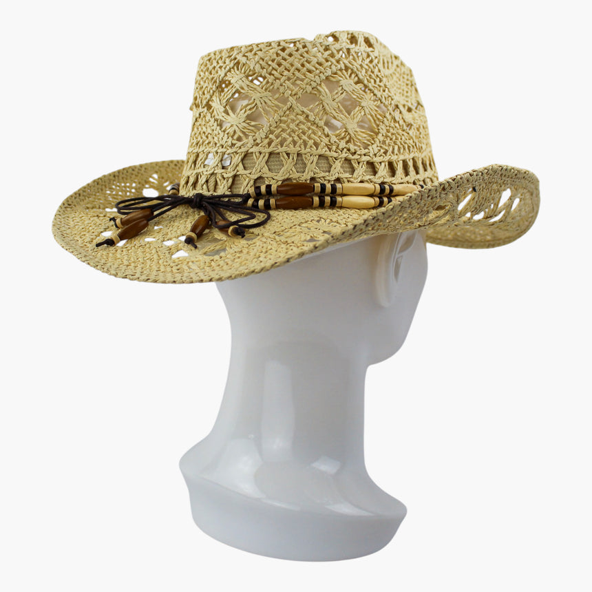 Tube-Bead Crochet Straw Western hat, Ivory colorway at a rear three-quarter angle showing the bead tassels from behind