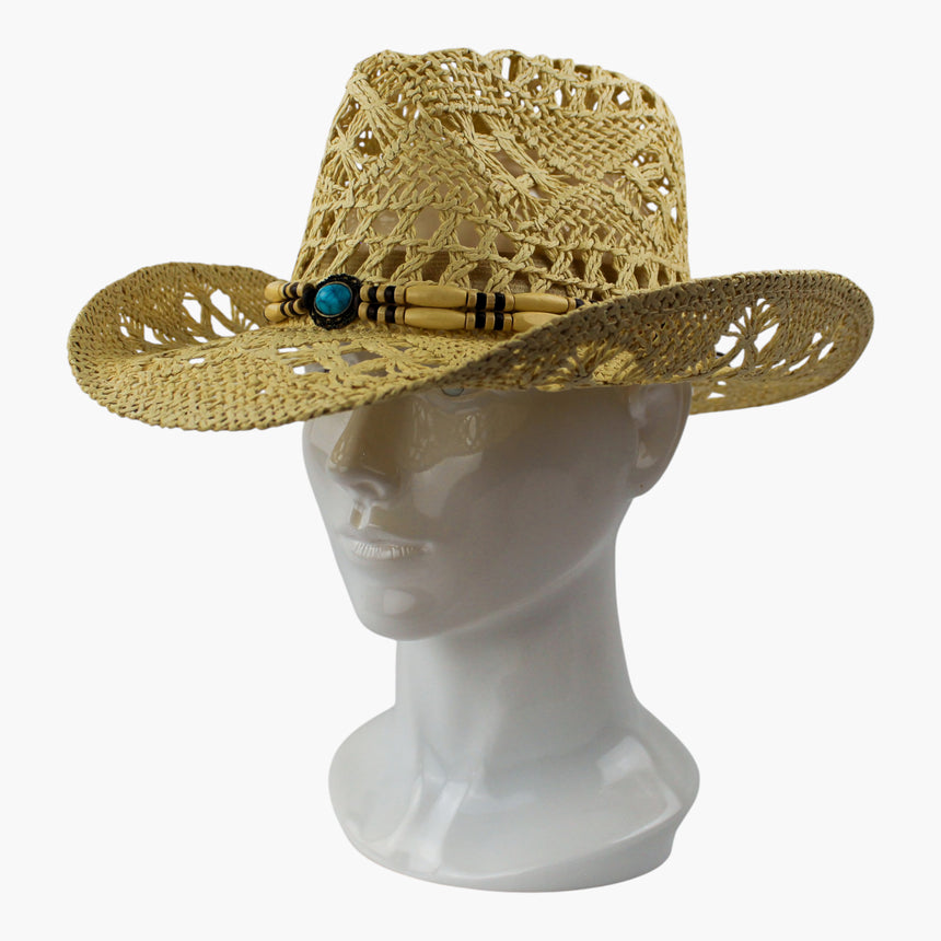 Tube-Bead Crochet Straw Western hat, front view of the Ivory colorway showing the open crown lattice above the bead band