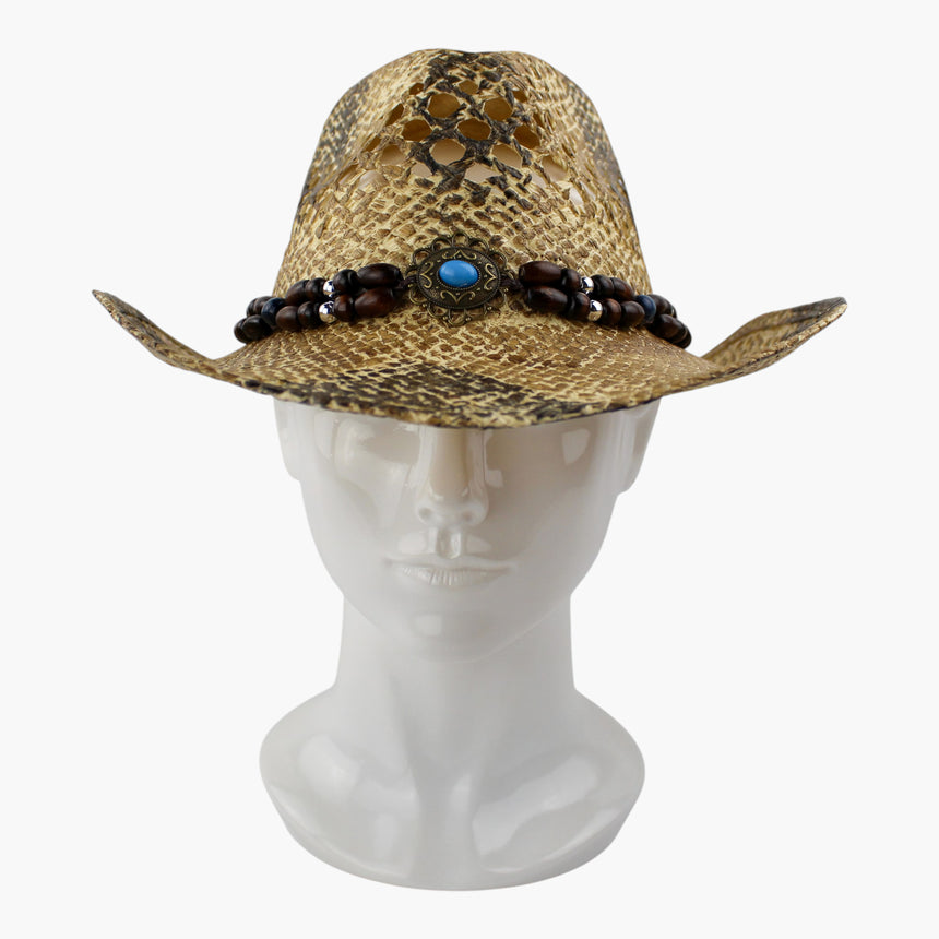 Turquoise-Dot Crochet Straw Western hat, front view showing the bronze-tone filigree medallion and its cabochon