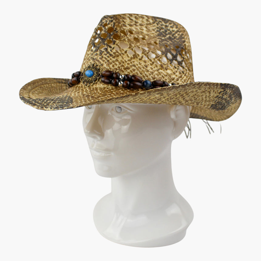 Turquoise-Dot Crochet Straw Western hat, at a three-quarter angle showing the bead strand and its silver-tone spacers