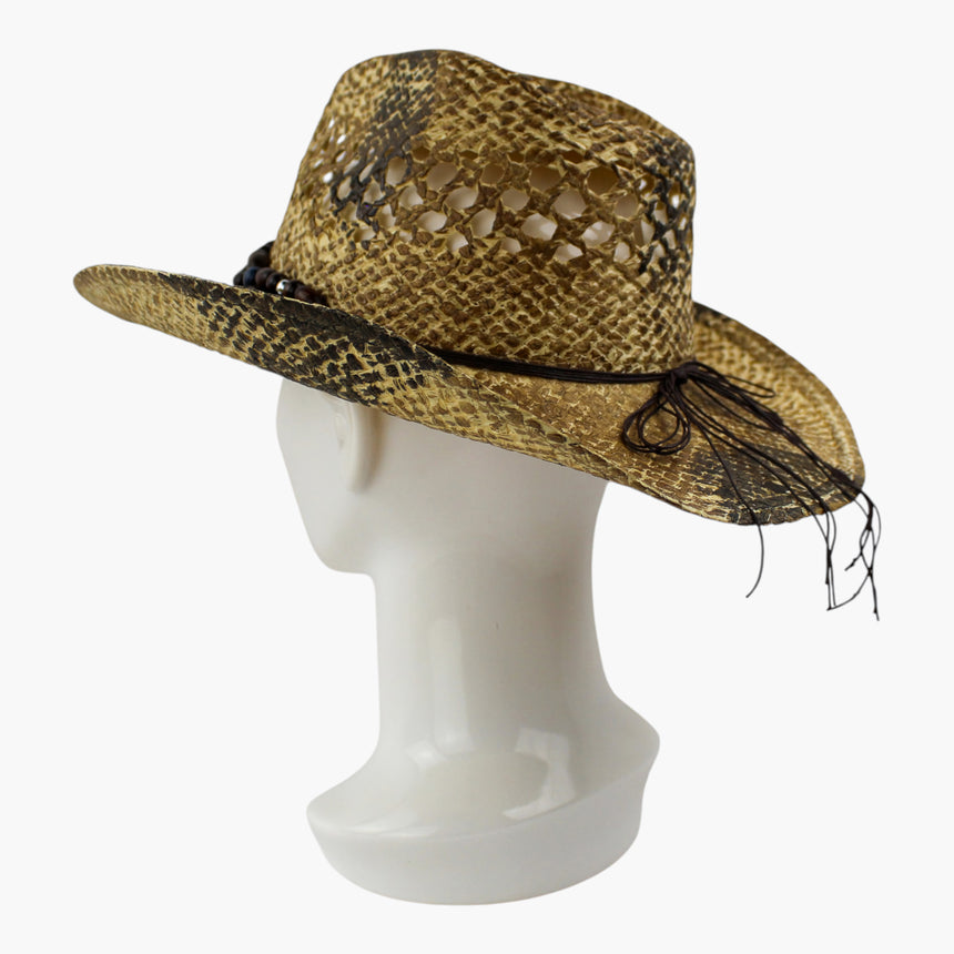 Turquoise-Dot Crochet Straw Western hat, in profile showing the wide open lattice band cut through the crown