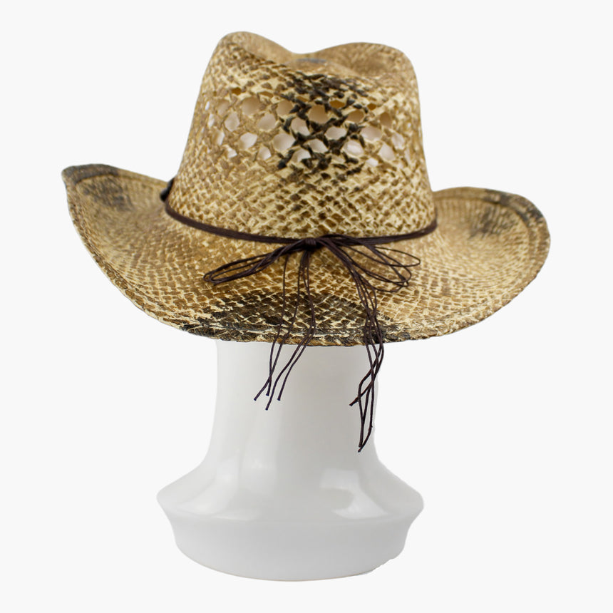 Turquoise-Dot Crochet Straw Western hat, back view showing the thin cord ties bowed with long loose tails at center back