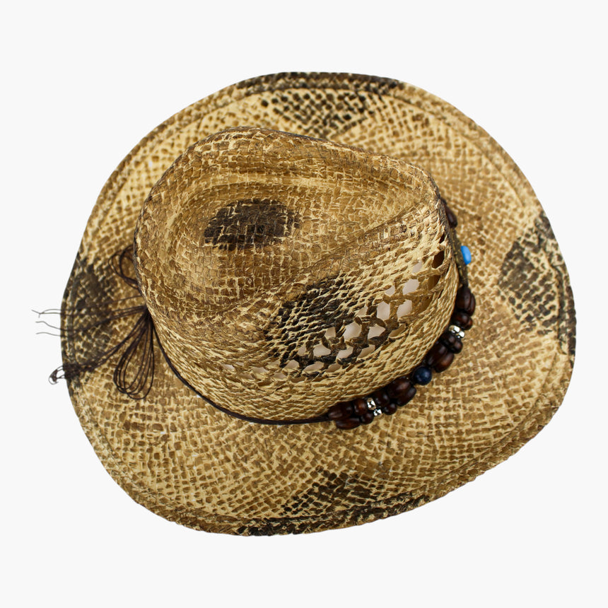 Turquoise-Dot Crochet Straw Western hat, seen from above showing the burnt shading laid across the open-weave crown top