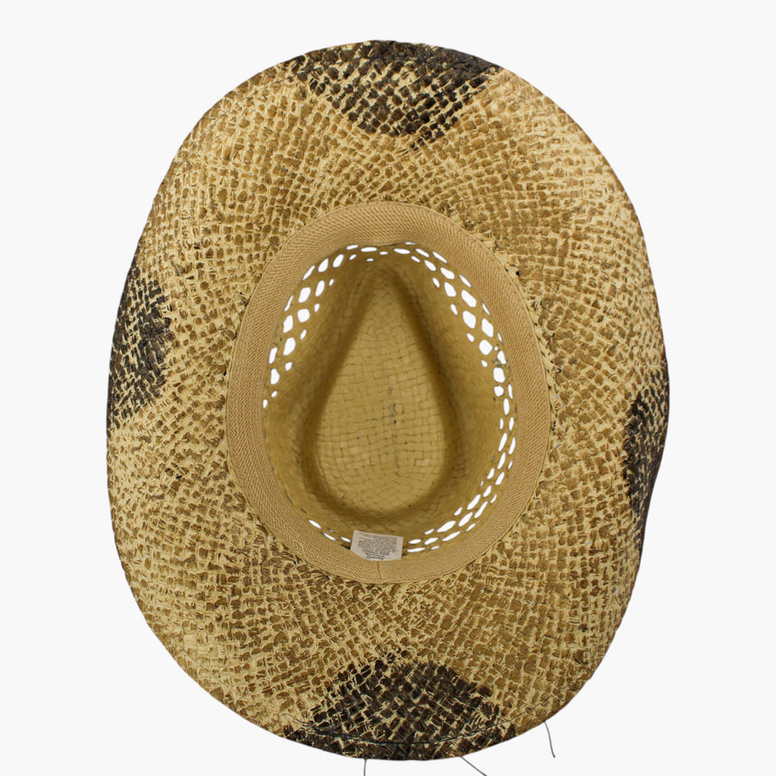 Turquoise-Dot Crochet Straw Western hat, underside showing the sweatband and the ring of open lace holes at the crown base