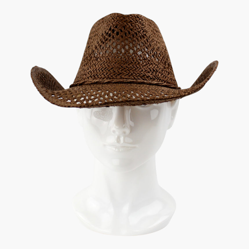 Twisted-Rope Crochet Straw Western hat, front view of the Chocolate colorway showing the twisted cord at the crown base