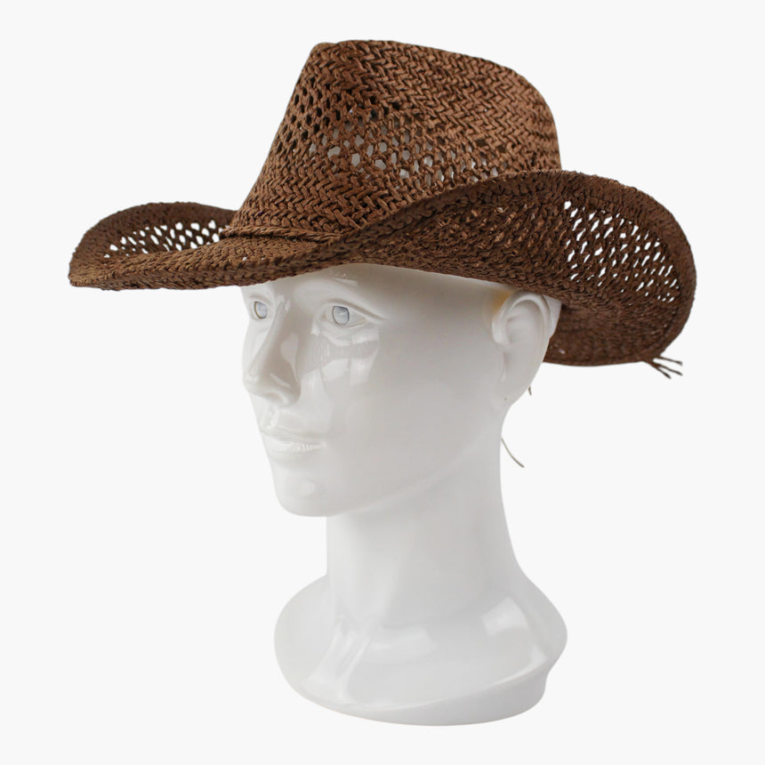 Twisted-Rope Crochet Straw Western hat, Chocolate colorway at a three-quarter angle showing the open chain-loop rows