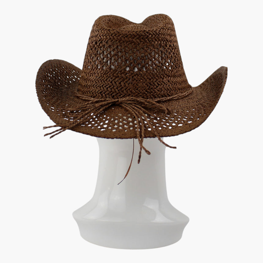 Twisted-Rope Crochet Straw Western hat, back view of the Chocolate colorway showing the cord tied in a small flat bow