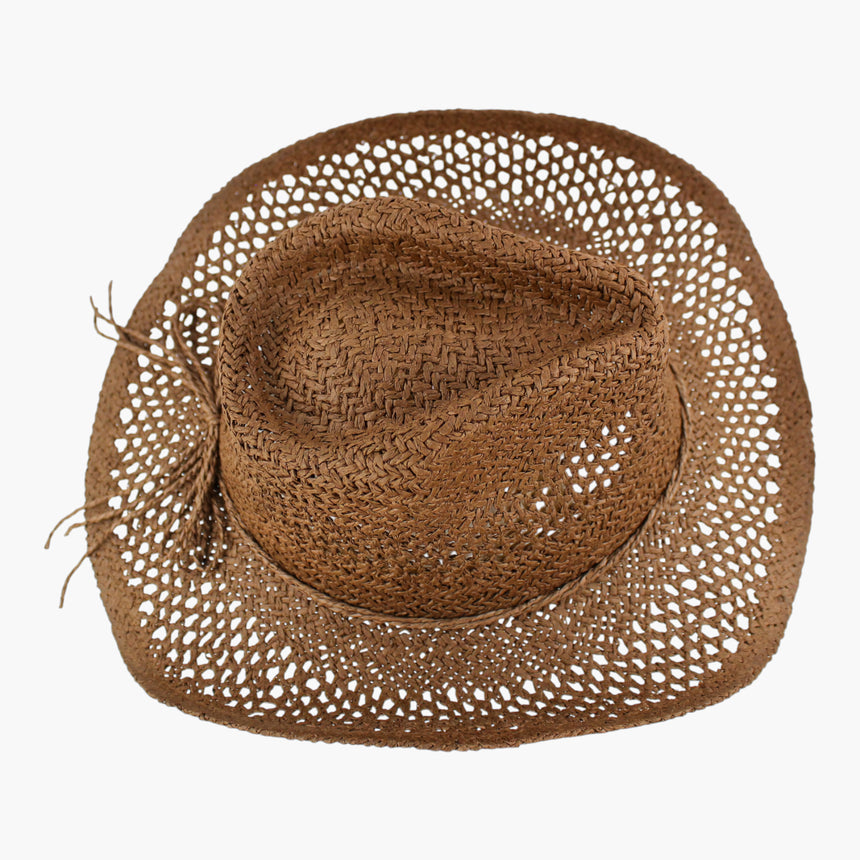 Twisted-Rope Crochet Straw Western hat, Chocolate colorway seen from above showing the cord ends trailing over the brim