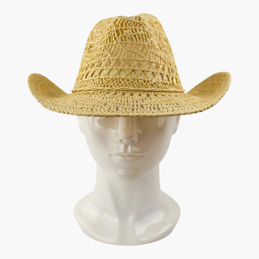 Twisted-Rope Crochet Straw Western hat, front view of the Blonde colorway showing the pale open lacework of the crown