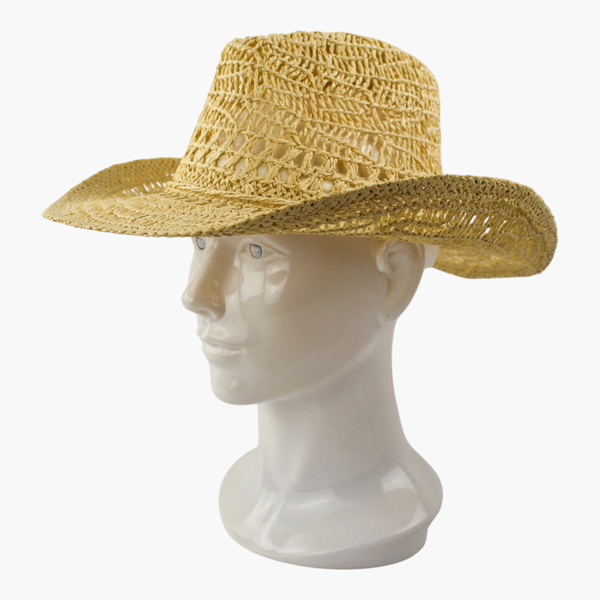 Twisted-Rope Crochet Straw Western hat, Blonde colorway at a three-quarter angle showing the shallow upturned brim edge
