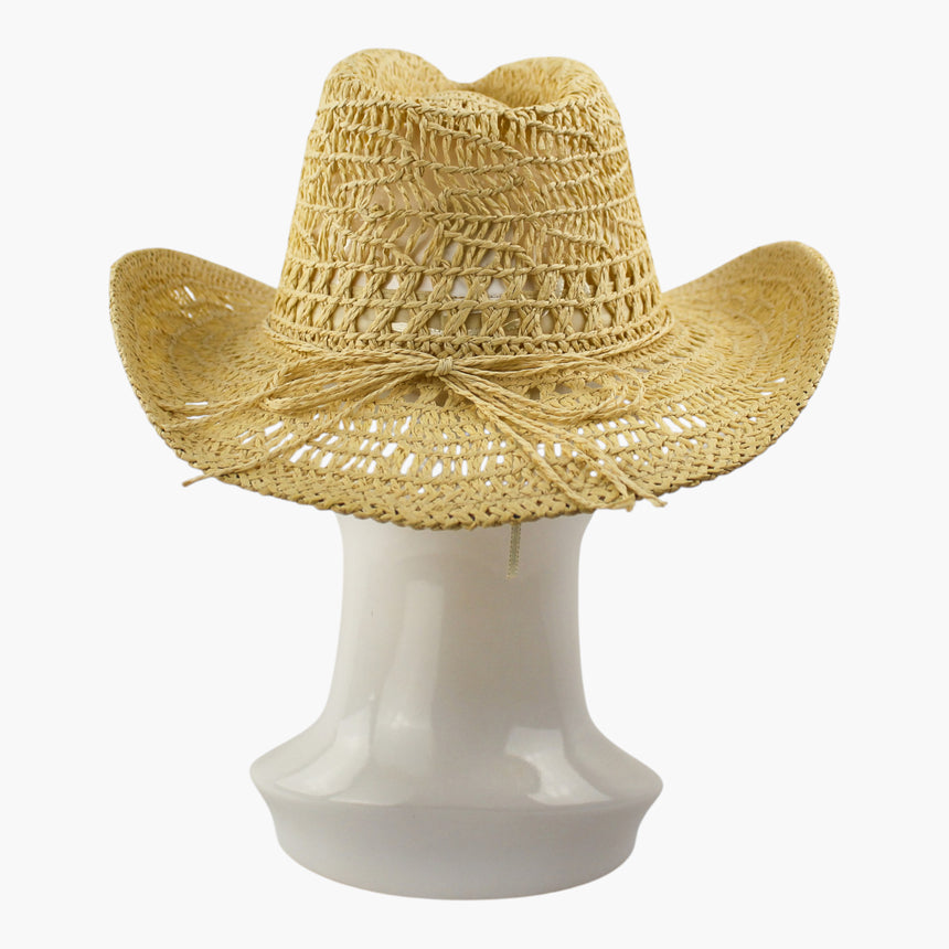 Twisted-Rope Crochet Straw Western hat, back view of the Blonde colorway showing the adjuster cord dropping below the knot