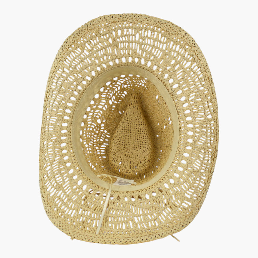Twisted-Rope Crochet Straw Western hat, underside of the Blonde colorway showing the sweatband ring and its label