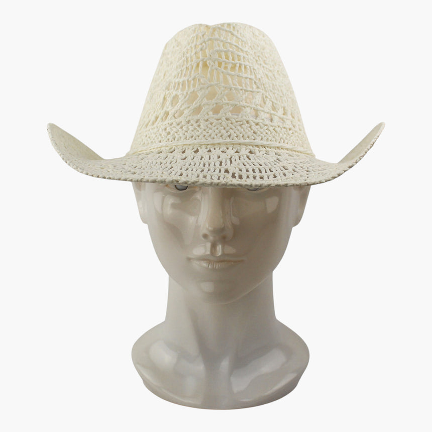 Twisted-Rope Crochet Straw Western hat, front view of the Ivory colorway showing the bright chain-loop mesh