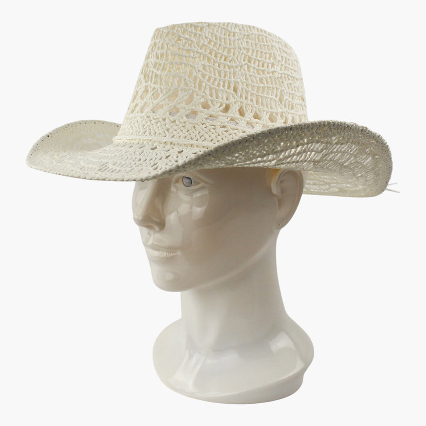 Twisted-Rope Crochet Straw Western hat, Ivory colorway at a three-quarter angle showing the scalloped lace on the crown