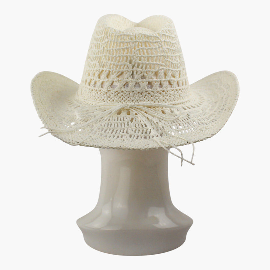 Twisted-Rope Crochet Straw Western hat, back view of the Ivory colorway showing the scalloped brim edge and the cut cord ends