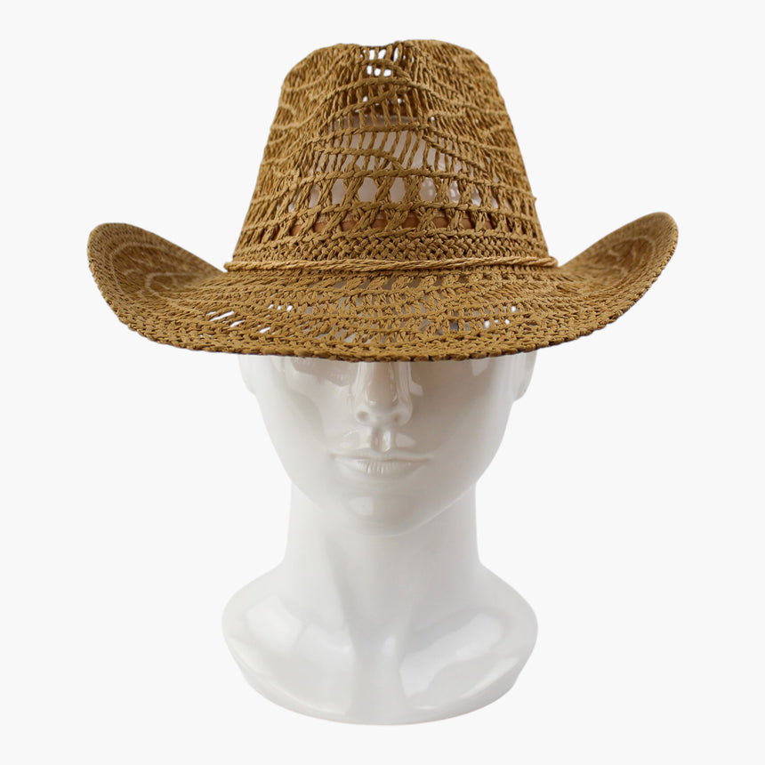 Twisted-Rope Crochet Straw Western hat, front view of the Honey colorway showing the tan sweatband showing through the weave