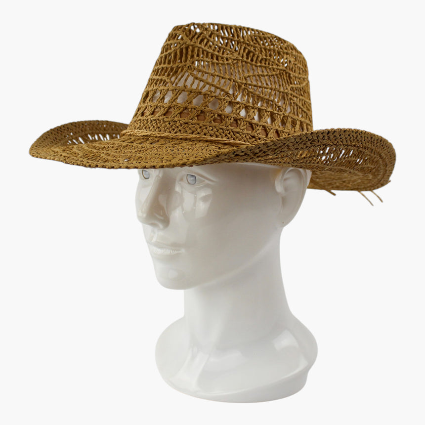 Twisted-Rope Crochet Straw Western hat, Honey colorway at a three-quarter angle showing the cord running front to side
