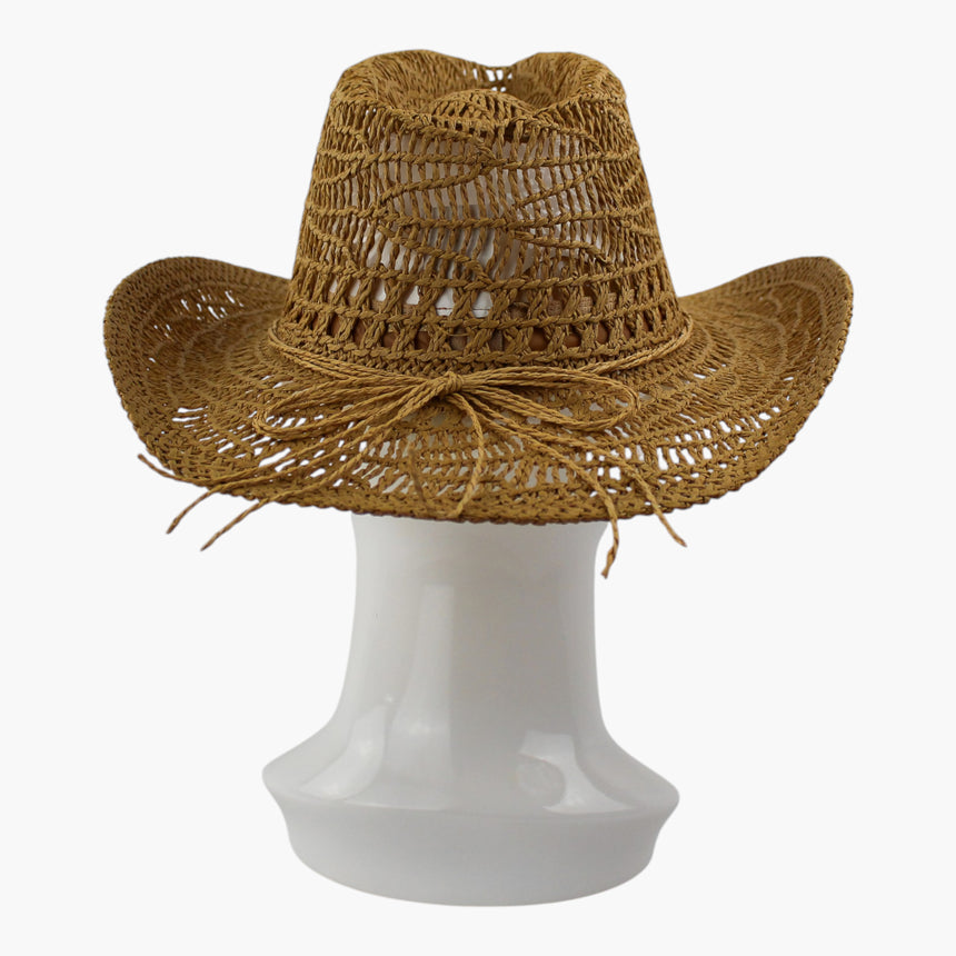 Twisted-Rope Crochet Straw Western hat, back view of the Honey colorway showing the open ladder-stitch rows banding the crown
