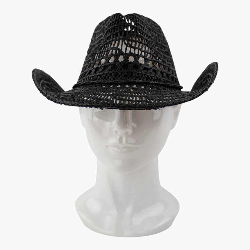 Twisted-Rope Crochet Straw Western hat, front view of the Black colorway showing the tonal cord against the black weave