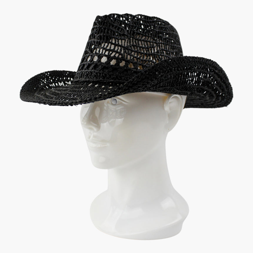Twisted-Rope Crochet Straw Western hat, Black colorway at a three-quarter angle showing the open mesh catching the light