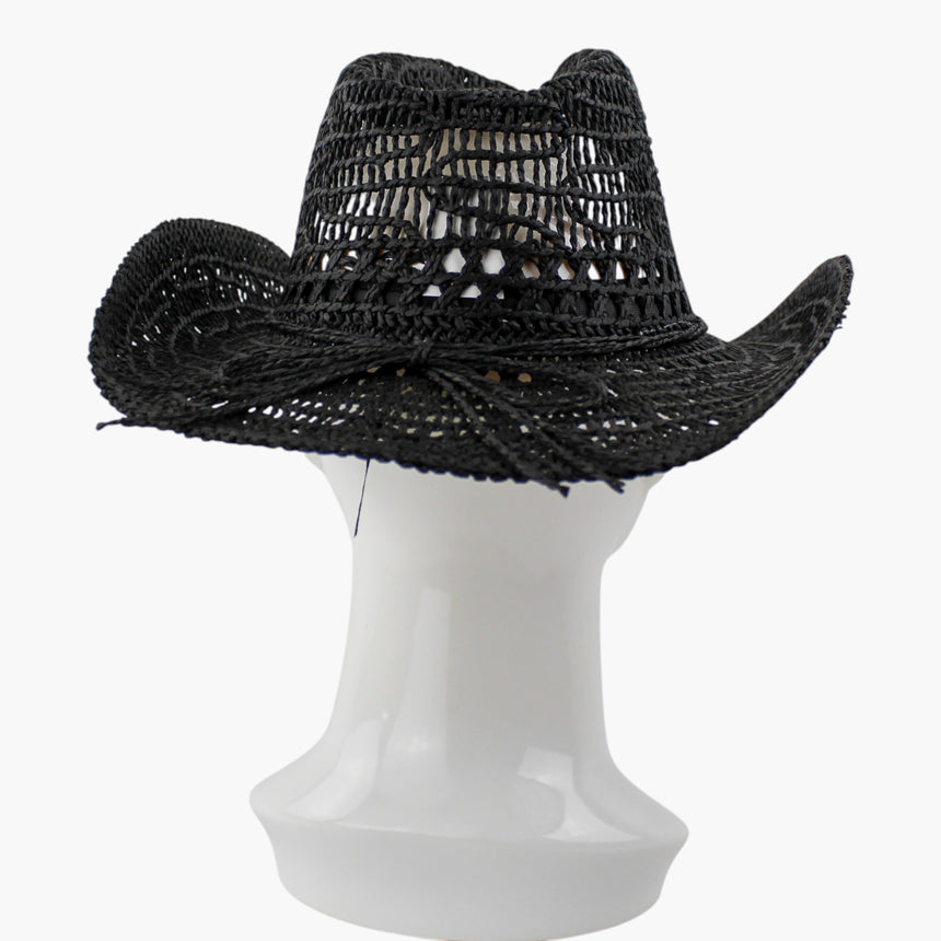 Twisted-Rope Crochet Straw Western hat, back view of the Black colorway showing the cord knot sitting flush at center back