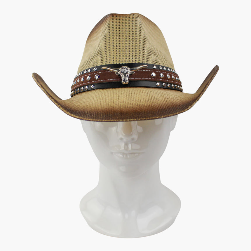 Two-Tone-Longhorn Straw Western hat, front view of the Natural colorway showing the longhorn medallion at the band front