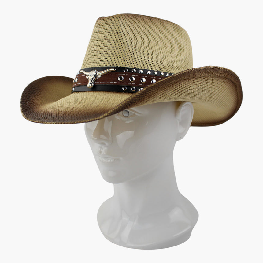 Two-Tone-Longhorn Straw Western hat, Natural colorway at a three-quarter angle showing the dome studs and contrast stitching