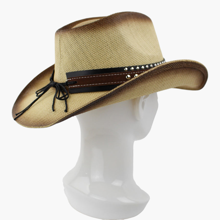 Two-Tone-Longhorn Straw Western hat, Natural colorway at a rear three-quarter angle showing the cord ties bowed at the rear