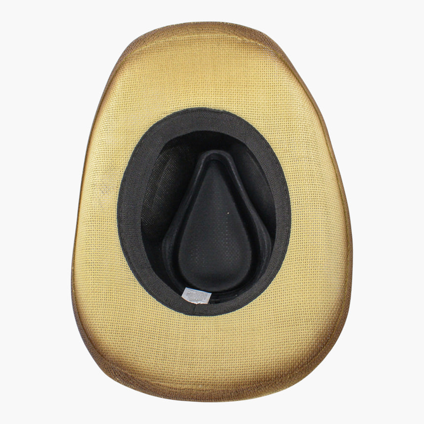 Two-Tone-Longhorn Straw Western hat, underside of the Natural colorway showing the black sweatband ring and care label