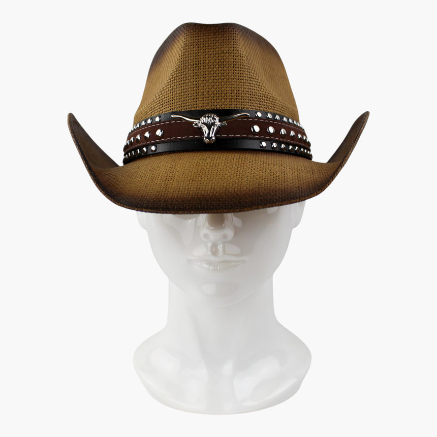 Two-Tone-Longhorn Straw Western hat, front view of the Toffee colorway showing the two-tone band on a warmer body