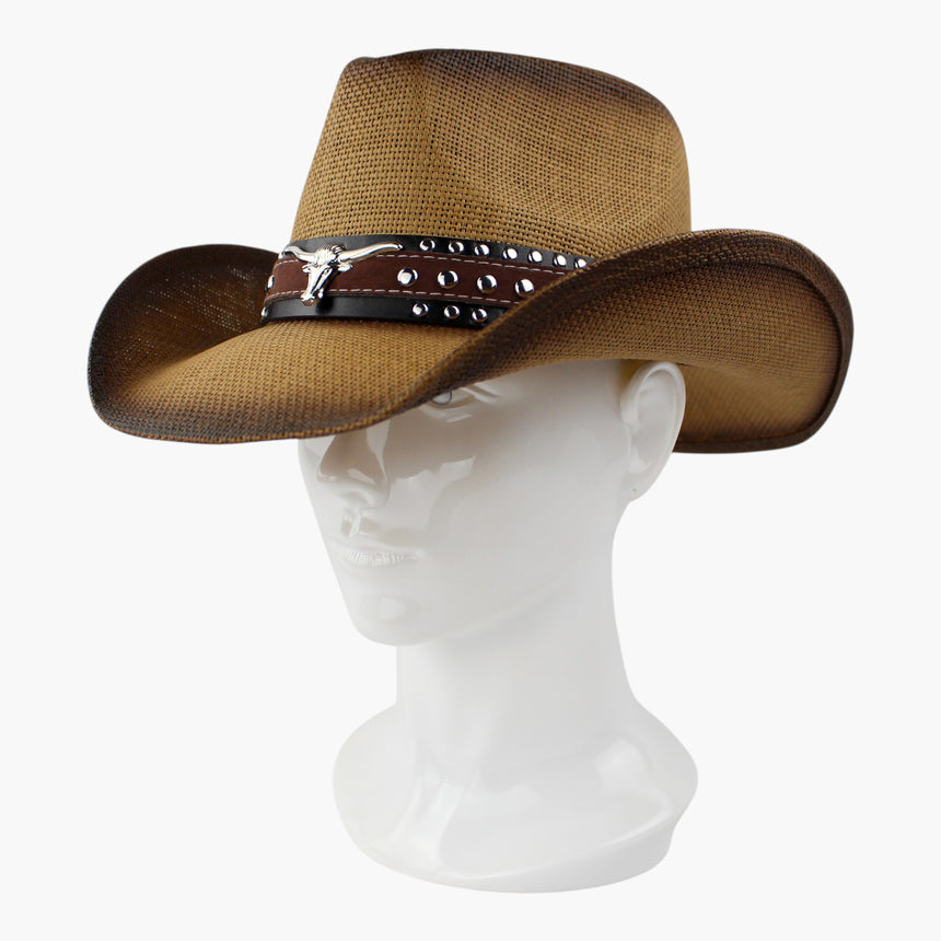 Two-Tone-Longhorn Straw Western hat, Toffee colorway at a three-quarter angle showing the layered strips and stud rows