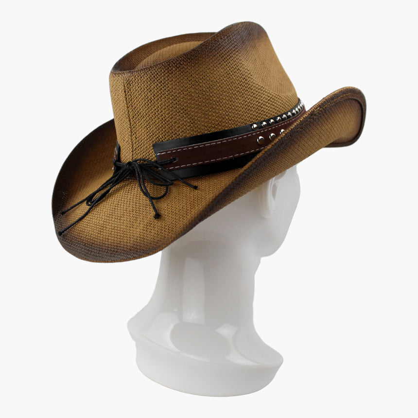 Two-Tone-Longhorn Straw Western hat, Toffee colorway at a rear three-quarter angle showing the cord tie at the end panel