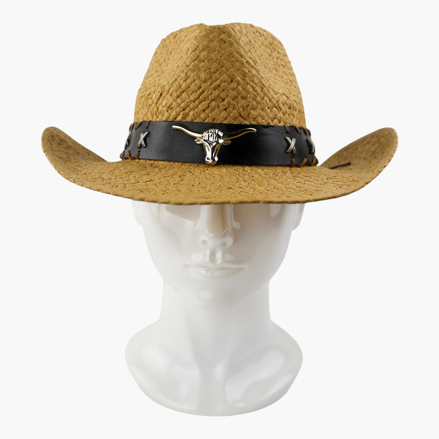Whipstitch-Longhorn Straw Western hat, front view showing the silver-tone longhorn steer-head medallion on the strap