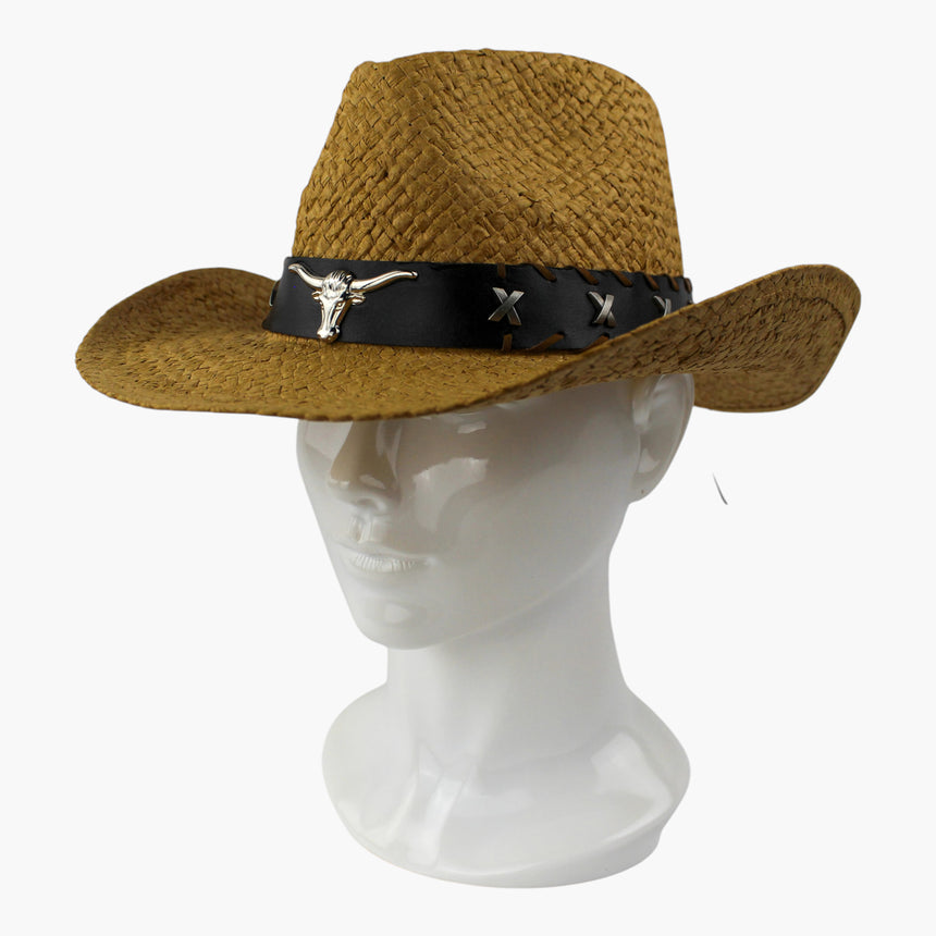 Whipstitch-Longhorn Straw Western hat, at a three-quarter angle showing the X-shaped studs and whipstitch along both edges