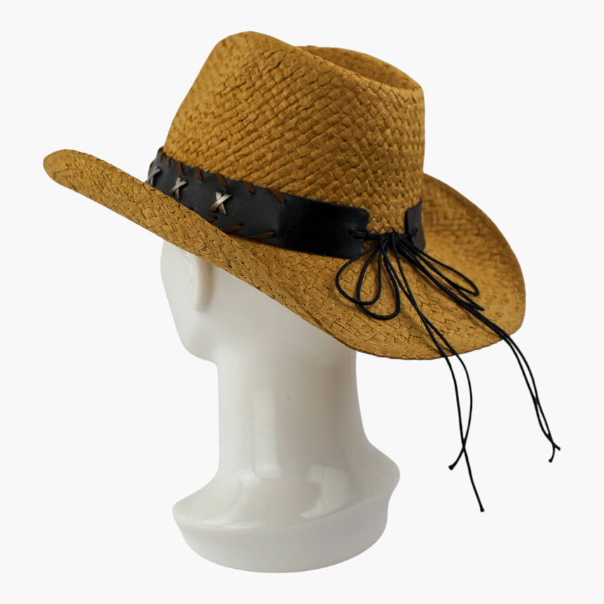 Whipstitch-Longhorn Straw Western hat, at a rear three-quarter angle showing the cord ties bowed with long tails at the back