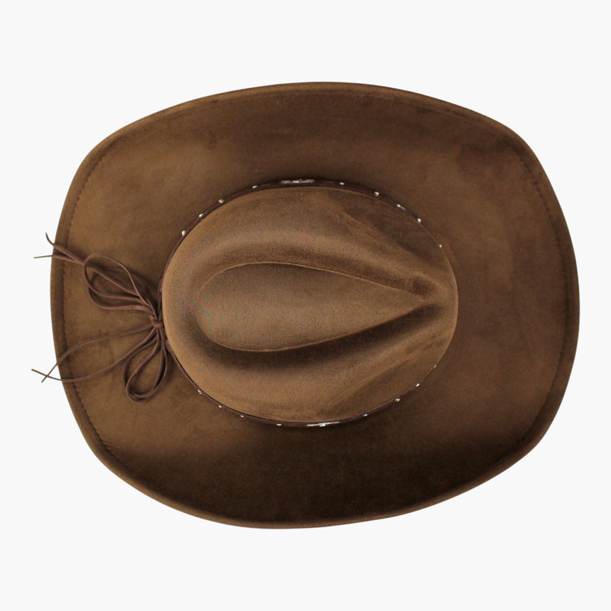 White-Floral Faux-Suede Western hat, Brown colorway seen from above showing the tie tails laid flat across the left brim