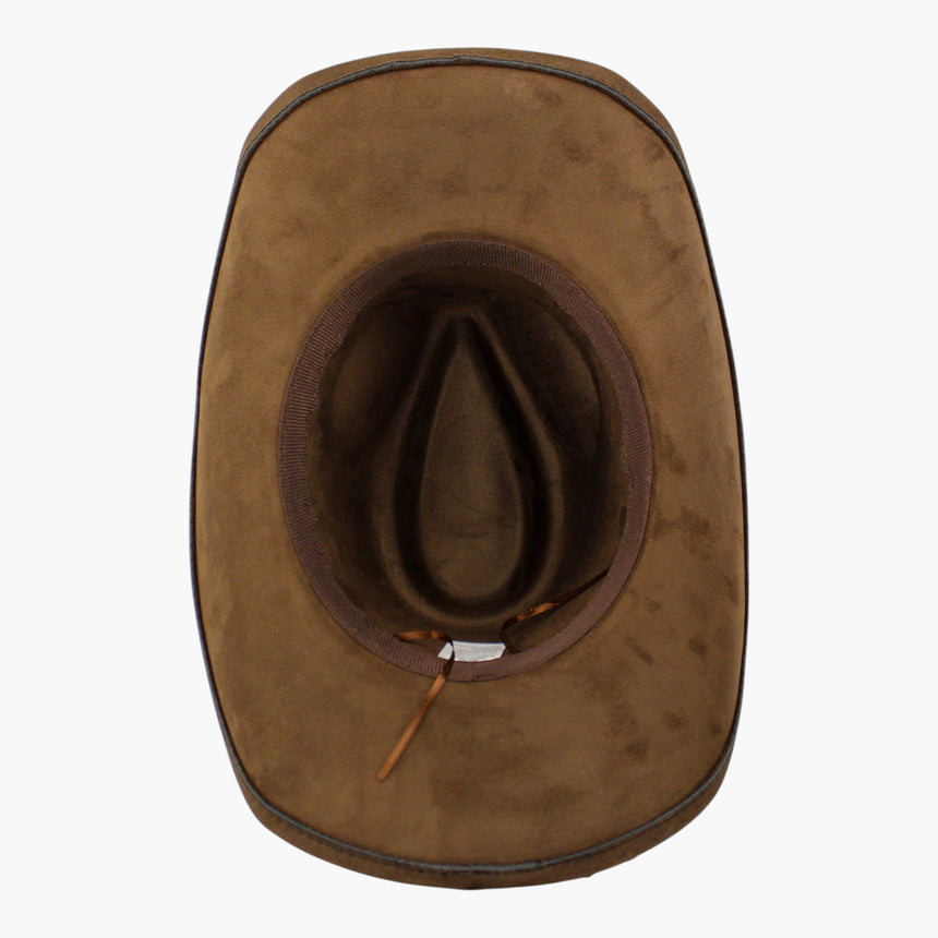 White-Floral Faux-Suede Western hat, underside of the Brown colorway showing the sweatband ring and its stitched care label