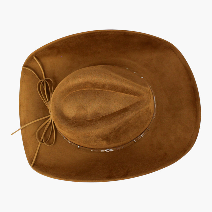 White-Floral Faux-Suede Western hat, Tan colorway seen from above showing the pale tie tails bowed flat beside the crease